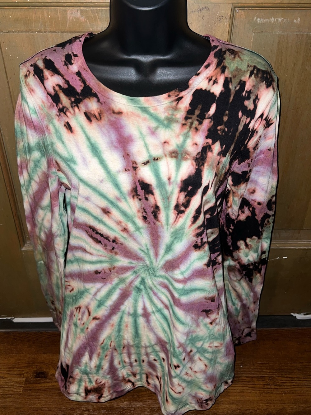Handmade Tie-Dye Spiral Earthy Black Green Long Sleeve Shirt Boho Grunge Size M - Picture 7 of 10